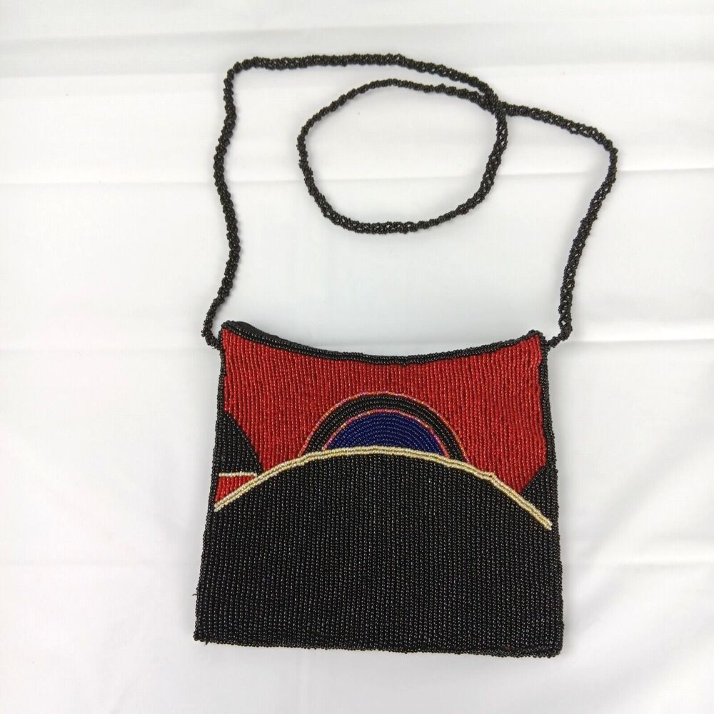 MCM Purse Beaded on Both Sides Bead Strap Silken Inner Lining Red Black Modern